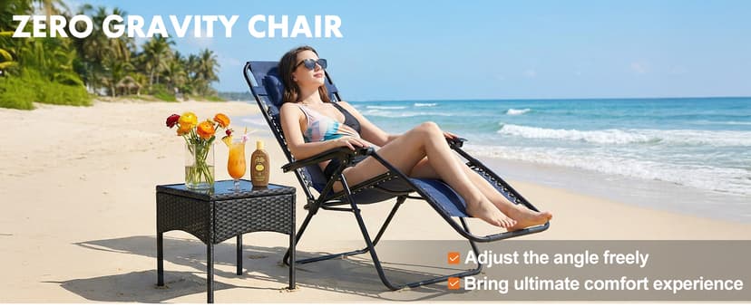 Zero Gravity Chair Set of 2, Adjustable Folding Reclining Lounge Chairs with Mesh Back, Adjustable Pillows & Cup Holder Trays, Outdoor Patio Lawn Chairs for Pool, Beach & Camping, Blue
