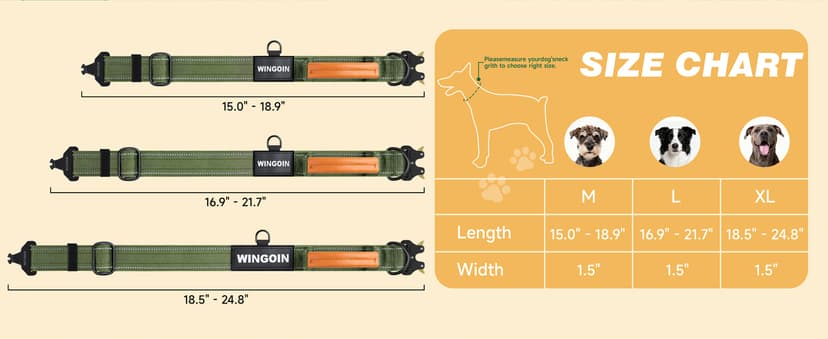 WINGOIN Tactical Dog Collar with AirTag Holder, Heavy Duty Reflective Padded Nylon Collar for Large Dogs, Quick Release Metal Buckle, Dogcollar for Training Walking Hunting, IPX5 Waterproof, Green,L