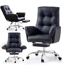 EMIAH Ergonomic Office Chair with Foot Rest Criss Cross Chair with Wheels Reclining Executive Office Chair Mid Back PU Leather Swivel Computer Chairs Lumbar Support for Home Office (Beige)