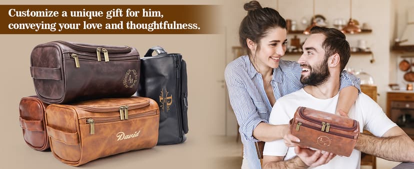 Personalized Leather Toiletry Bag for Men–Custom with Name & Initials,Perfect for Shaving and Travel Storage,Gift for Men– Anniversary, Birthday or Groomsmen Gifts - Brown