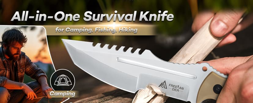 Freelander Fixed Blade Knife with Sheath, Full Tang D2 Steel Survival Knife, Camping Bushcraft Knives with Ergonomic Handle, Outdoor Knives for Men