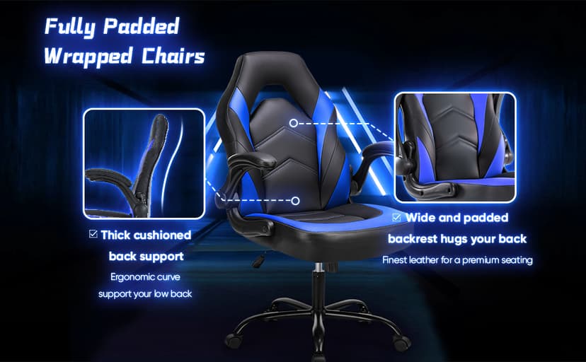 OLIXIS Computer Gaming Chair - PU Leather Ergonomic Lumbar Support with Flip-up Armrest and 360° Swivel Wheels, Height Adjustable Task Home Office Desk Video Racing, Black and Blue