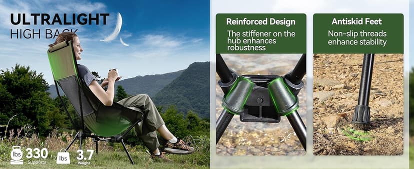 MARCHWAY Lightweight Folding High Back Camping Chair with Head Support, Stable Portable Compact for Outdoor Camp, Travel, Beach, Picnic, Festival, Hiking, Backpacking (Highback Khaki)