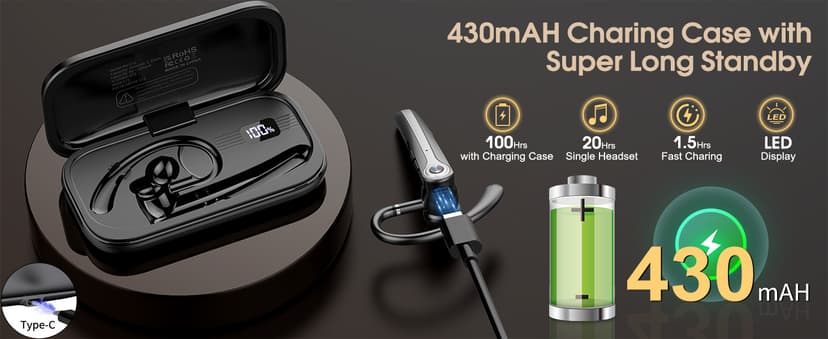 Atheewon Bluetooth Headset, Wireless Bluetooth Earpiece with ENC Noise Canceling Mic, 120Hrs Talk Single-Ear Headphones, LED Display, IPX7, V5.4 Hand-Free Earphone for Business/Trucker/Driver, Black