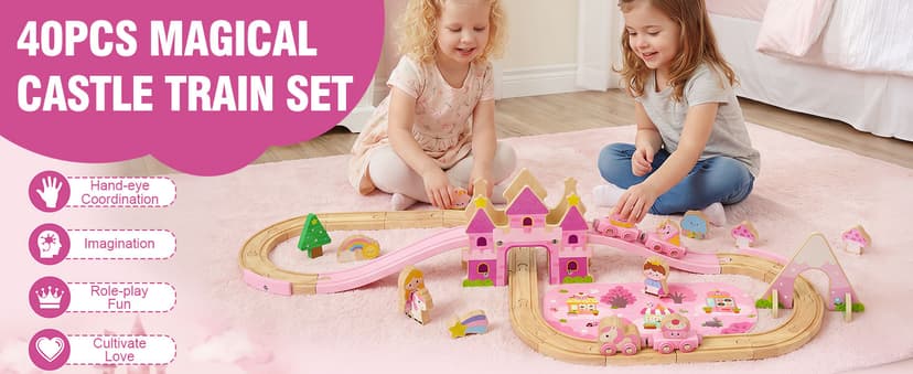 Princess Castle & Magnetic Trains, Compatible with Most Wooden Train Tracks, Birthday Gift for Girls 3 4 5 Year Old Atoylink Wooden Train Set for Toddler Girls, 40Pcs Pink Unicorn Train Toys B0H6HGYDWR