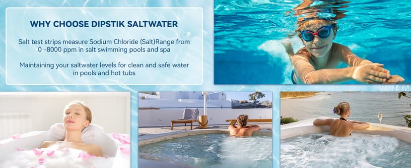 Saltwater Pool Test Strips, 0-8000 ppm, Salt Test Strips Kit for Sodium Chloride Swimming Pool and Spa Test Strips-Quick and Accurate Results