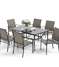SUNSHINE VALLEY 7 Piece Patio Dining Set for 6, Rectangular Metal Table with Umbrella Hole, 6 Brown Dining Chairs, Outdoor Table and Chairs Set for Lawn Backyard and Deck