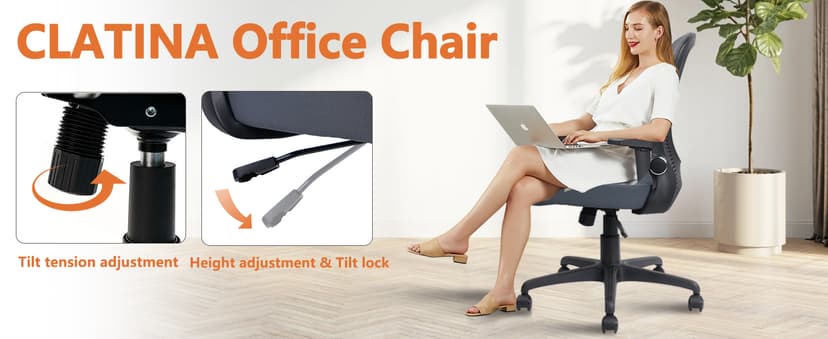 CLATINA Desk Chairs with Wheels, Flip Up Arms Ergonomic Mesh Back Office Chair with Lumbar Support, Adjustable Height Swivel Rolling Computer Task Chairs for School Conference Room Home Study, Grey