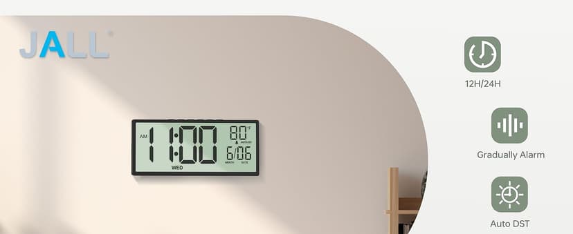 JALL 14.5" Large Digital Wall Clock Battery Operated with Big Digits LCD Screen Display, Day, Date, Alarm, Auto DST, Temperature for Living Room, Bedroom, Desk Decor, Mounted, Gift for Elderly