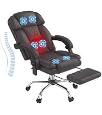 HOMREST 6-Point Massage Office Chair with Heat, Ergonomic Reclining Desk Chair with Footrest, PU Leather Executive Chairs for Home Office, Massaging Computer Chair Gift for Men, Brown