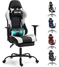 Gaming Chair with Footrest, Ergonomic PC Desk Chair with Headrest and Massage Lumbar Support, Video Game Chair with Height Adjustable High Back for Home Office, PU Leather, White