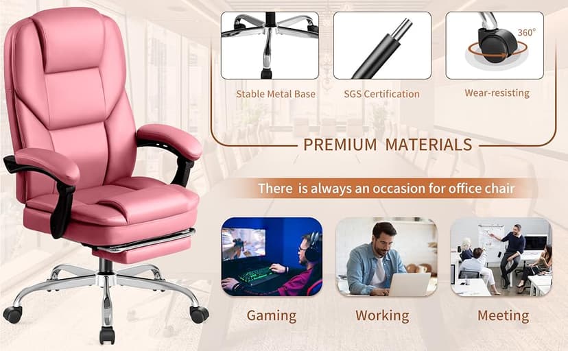 Shahoo Executive Office Chair with Massage, Ergonomic Reclining High Back Leather Seats with Footrest and Lumbar Support, Big and Tall, 400Lbs Heavy Duty, Pink