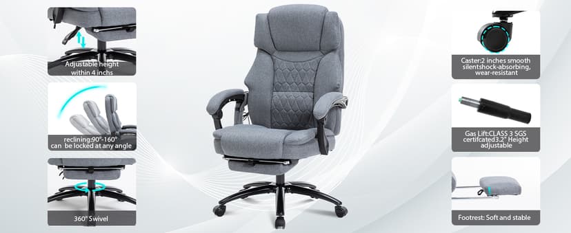 Massage Office Chair with Heat,Reclining Office Chair with Foot Rest,6 Points Vibration Home Desk Chairs for Heavy People 400lbs,Ergonomic Managerial Executive Chair (Grey)