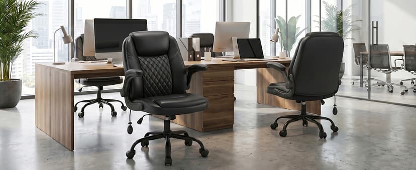 MALOL Leather Office Chair, Computer Desk Chair with Adjustable Lumbar Support, Thick Cushion, Flip-Up Arms and Ergonomic Back, Comfy Executive Office Chair for Home Office Gaming,Black