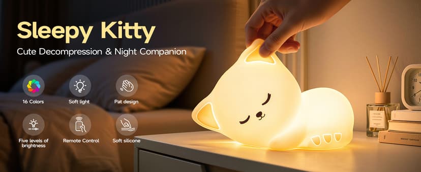 5-Level Dimmable Tap Night Light with Rechargeable Battery. Cute Stuff,Cat Room Decor & Gifts for Women,Adults, Teens & Kids. Mubarek Sleepy Cute Cat Gifts - 16-Color Silicone Night Light with Remote B0D8QGT88D
