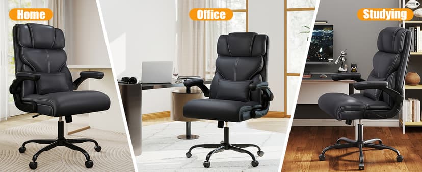 Executive Office Chair with Flip-up Armrests,Ergonomic Computer Desk Chairs,Mid-Tall Back Leather Office Chair 400 Lbs,Lumbar Support Swivel PC Chair with Rocking Function