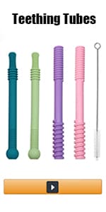 Hollow Teething Tubes Toys for Babies Girls Boys, 6 Pack Silicone Baby Teether Toy Tube for Infants with Nursing Biting Chewing, Chew Straws for Toddlers 6-12 Months (Style A)