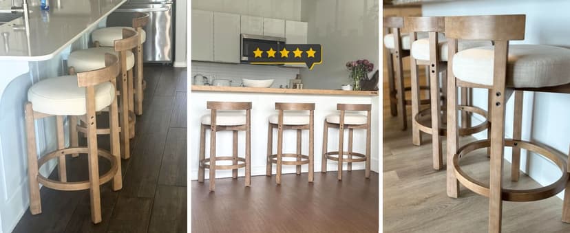 LukeAlon Mid Century Linen Counter Stools Set of 3, Upholstered 26.5" Seat Height Low Barstools with Natural Wood Legs Round Low Back Kitchen Stools with Footrest for Dining Room, Beige