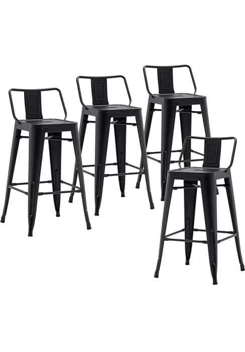 ALISH 26 Inch Industrial Bar Stools Set of 4, High Back Metal Barstools with Large Wood Seat, Counter Height Bar Chairs for Kitchen Island (26 Inch Set of 4, Black)