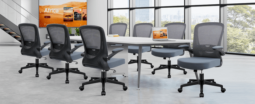 CLATINA Desk Chairs with Wheels, Flip Up Arms Ergonomic Mesh Back Office Chair with Lumbar Support, Adjustable Height Swivel Rolling Computer Task Chairs for School Conference Room Home Study, Grey