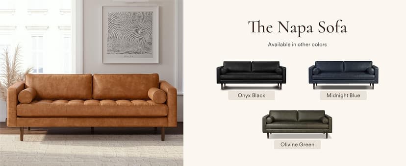 POLY & BARK Napa 88.5" Leather Sofa – Full-Grain Italian-Tanned Aniline Leather, Feather-Down Comfort, Solid Wood Frame, Walnut Legs, Cognac Tan