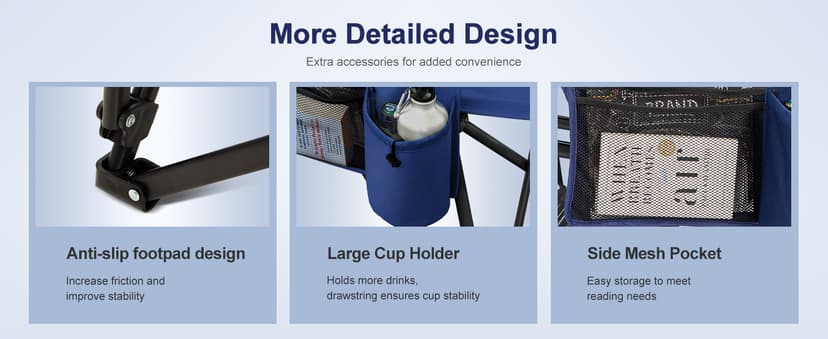 LET'S CAMP Oversized Camping Chairs 29.52" High Back Heavy Duty Lawn Chair Support 500LBS, Portable Collapsible Chair with Cup Holder, Side Pocket,2 Pack(Blue)