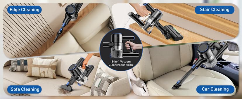 Cordless Vacuum Cleaner, 45KPA 8 in 1 Lightweight Vacuum Cleaners for Home, 50Mins Anti-Tangle Stick Vacuum, LED Display, Rechargeable Vacuum for Pet Hair/Carpet/Floor (Blue)