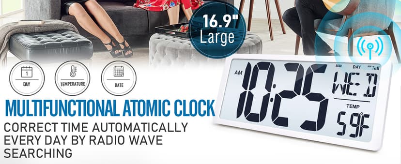 Large Digital (6" Numbers) Wall Clock Battery Operated, 18.4" Walll Clock Display with Day, Date & Temperature, Large Wall Clock for Bedroom, Livingroom, Office