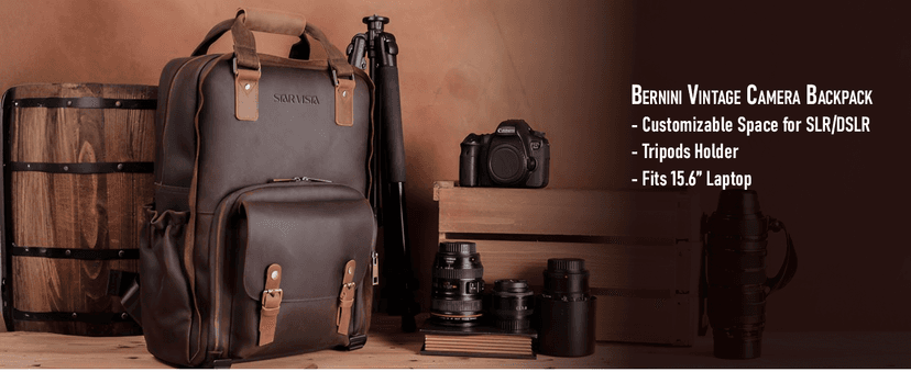 STAR VISTA Bernini Vintage Full Grain Leather Camera Backpack for DSLR/SLR, Camera Case for Photographers, with Tripod Holder, Fits 15.6" Laptop, Casual Outdoor Rucksack, YKK Zippers