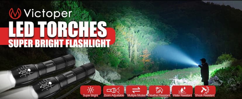 Victoper LED Flashlight 2 Pack, Bright Tactical Torch High Lumens with 5 Modes, Waterproof Zoomable Flash Light for Outdoor, Gifts for Men, Dorm Room Hunting Camping Essentials Gear for Guys