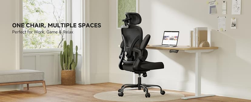 Ergonomic Office Chair, 330LBS Desk Chair with 3-Level Lumbar Support & Headrest, Breathable Mesh Backrest, Flip-Up Armrests for Home Office and Gaming, Black