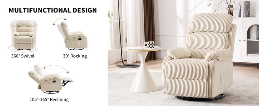 Adult 360° Rocking Recliner Chair,Nursery Rocker Reclining Chair with Side Pocket, a Comfy upholstered Single Sofa Armchair. Suitable for Living Room, Bedroom Nursing use, Velvet Fabric in Beige