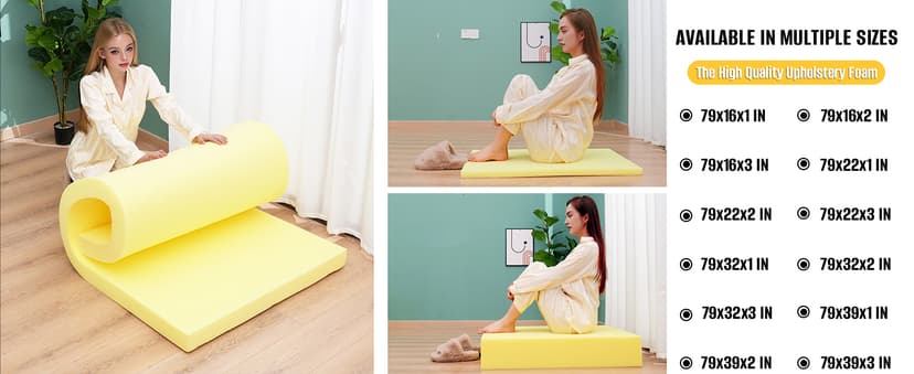 High Density Upholstery Foam Sheet, 1 x 16 x 79 Inch Yellow Polyurethane Padding, Cut-to-Size Cushion Replacement for Couch, Chair, Sofa, Bench & DIY Projects