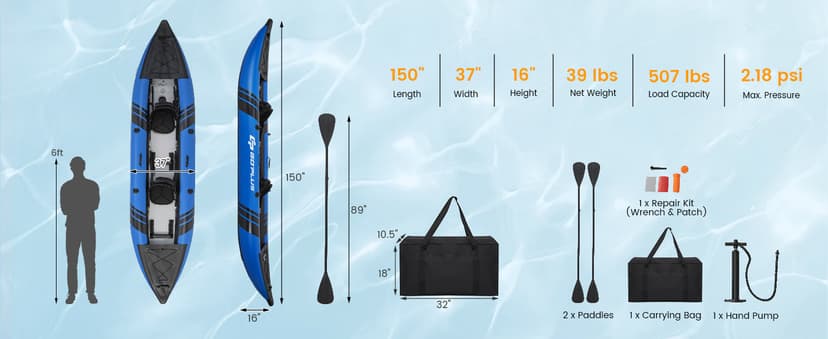 Goplus Tandem Inflatable Kayak, 12.5FT 2-Person Kayak for Adults w/507 LBS Weight Capacity, 2 Aluminium Oars, Padded Seat, 2 Fins, Hand Pump, Carry Bag, Repair Kit, Portable Touring Kayaks