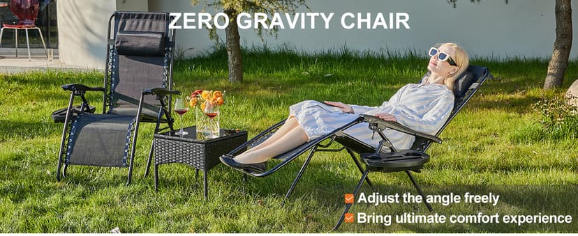 Sweetcrispy Zero Gravity Chairs, Set of 2 Portable Recliner Beach Camping Patio Outdoor Folding Lounge Chair with Cup Holder Trays and Adjustable Pillow for Poolside, Garden, Backyard, Lawn (Black)