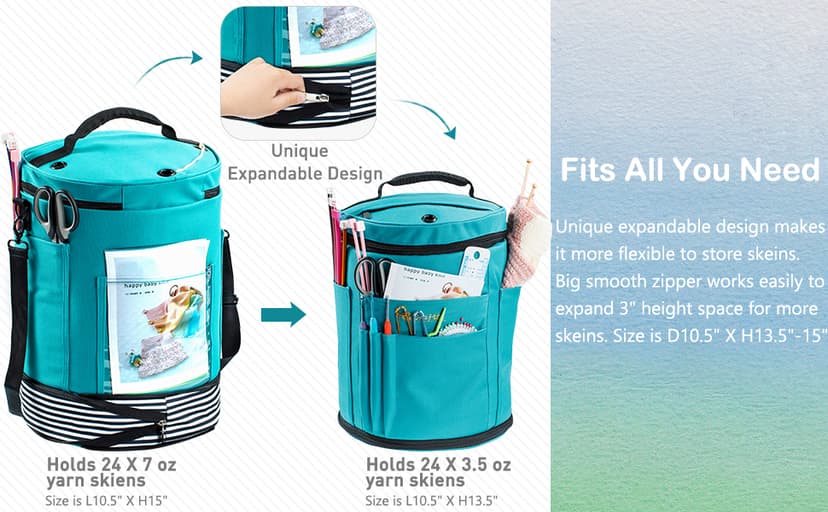 Expandable Crochet Bag - Knitting Bag Storage Organizer with Zipper Closure - Ideal Gift