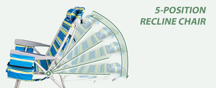 Romswi Tall Beach Chair Extra Wide for Adults, 17" High Seat Backpack Beach Chair with Cooler Bag, Cup & Phone Holder, 5-Position High Back Reclining Chair with Towel Bar & Zipper Pocket, Blue Stripes