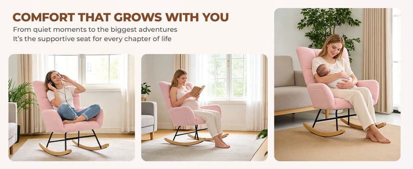 DUMOS Nursery Rocking Chair Teddy Upholstered, Comfy Glider Rocker with High Backrest Armchair Padded Seat, Accent Side Chair for Living Room Bedroom Offices Small Spaces Indoor, Pink