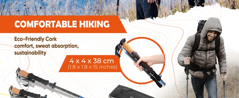 TREKOLOGY Trek-Z Cork Grip Trekking Poles – Lightweight Folding Hiking Poles, Adjustable Height, Compact Travel Design, Aircraft-Grade Aluminum Walking Sticks for Men & Women