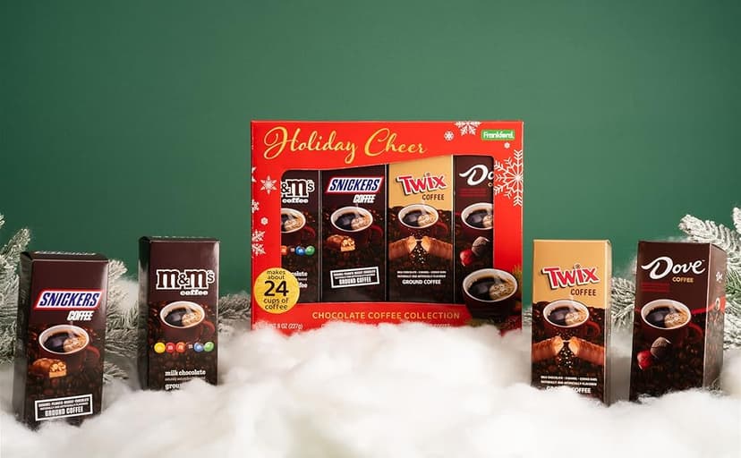 Holiday Cheer Chocolate Coffee Collection Gift Set 4 Pack, M&M's, Snickers, Twix, Dove Flavored Ground Coffee, 8 oz Box