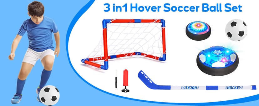 3 in 1 Hover Soccer Ball Toddler Hockey Set with LED Lights Indoor Toys for Kids Soccer Gift for Boys 6-8 8-12 Kids Sports Soccer Games 3 4 5 6 7 8 Year Old Boy Age 4-8 Birthday Gift