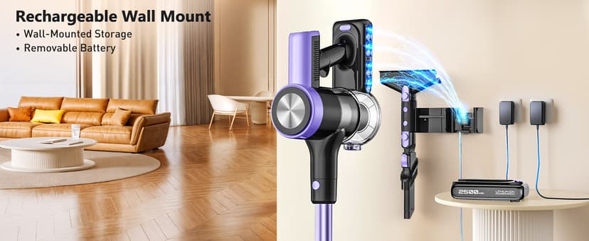 Cordless Vacuum Cleaner, 46KPa/500W Stick Vacuum with 55 Mins Runtime, Self-Standing Vacuum Cleaner for Home, LED Display, Anti-Tangle Brush, Rechargeable Vacuum for Hardwood Floor, Pet Hair (Violet)