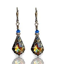 HisJewelsCreations Antique Inspired Vintage Victorian Dangle Drop Earrings for Women - Colored Austrian Crystal Leverback Earrings - Jewelry Gift for Her