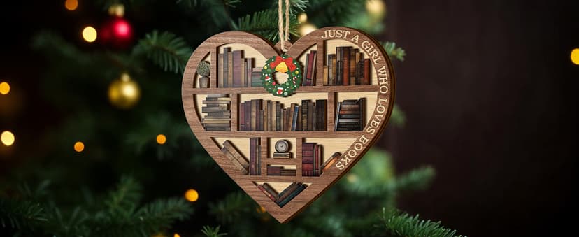 V VIBEPY All Over Printed, Book Lovers Ornaments, Bookshelf Heart Christmas Book Ornament 3.2"x3.5" 2 Layer, Gift for Girl Book Lovers, Gift Idea for Christmas