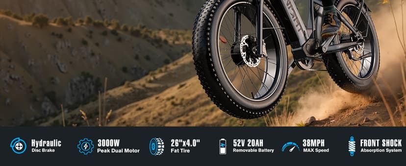 Dual Motor Ebike, 3000W Electric Bike for Adults, 52V 20Ah 26" Fat Tire Fast Ebike Max 38 Mph, up to 90 Miles, Off-Road Mountain E-Bike for Men Women, Step-Through Design