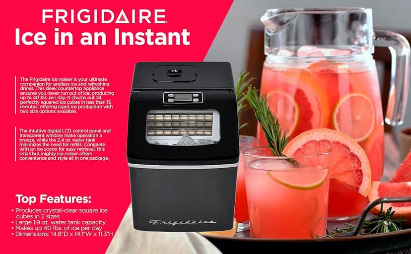 Frigidaire Ice Maker EFIC452, Countertop Stainless Steel Ice Maker with Transparent Window, Clear Ice Cube Maker with 40 lbs. Capacity, Ice Maker Machine – 14.8" D x 11" W x 14.1" H (Black)