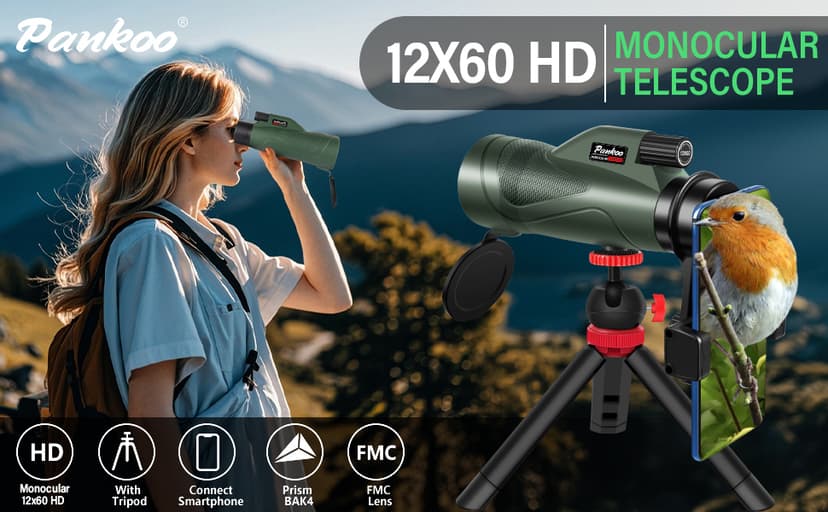 Pankoo 12x60 HD Monocular Telescope for Adults high Powered | Comes with Smartphone Adapter Tripod Hand Strap | Suitable for Bird Watching Sports Hiking Traveling