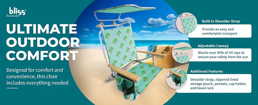 Bliss Hammocks Folding Beach Chair Recliner with Canopy Shade, Palm Tree