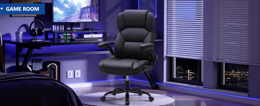 PU Leather Executive Office Chair, Ergonomic High-Back Computer & Gaming Chair with Adjustable Height, Rolling Swivel & Flip-Up Armrests, Comfy Padded Seat for Home Office-Black