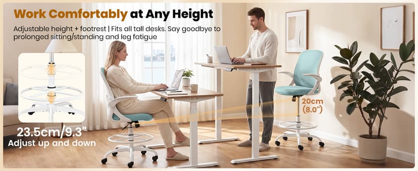Primy Drafting Chair Tall Office Chair with Flip-up Armrests Executive Ergonomic Computer Standing Desk Chair with Lumbar Support and Adjustable Footrest Ring(Light Blue)